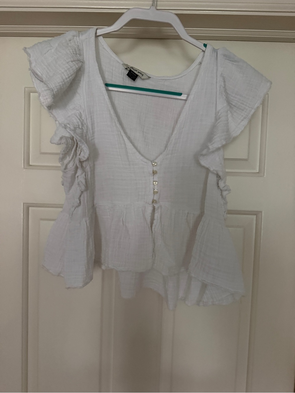 American Eagle Outfitters White Ruffle Peplum Button-Front Top